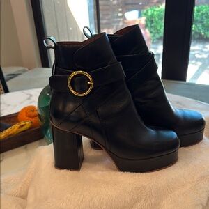 See By Chloe Black Leather Platform Ankle Boots with Gold Buckle Sz 38